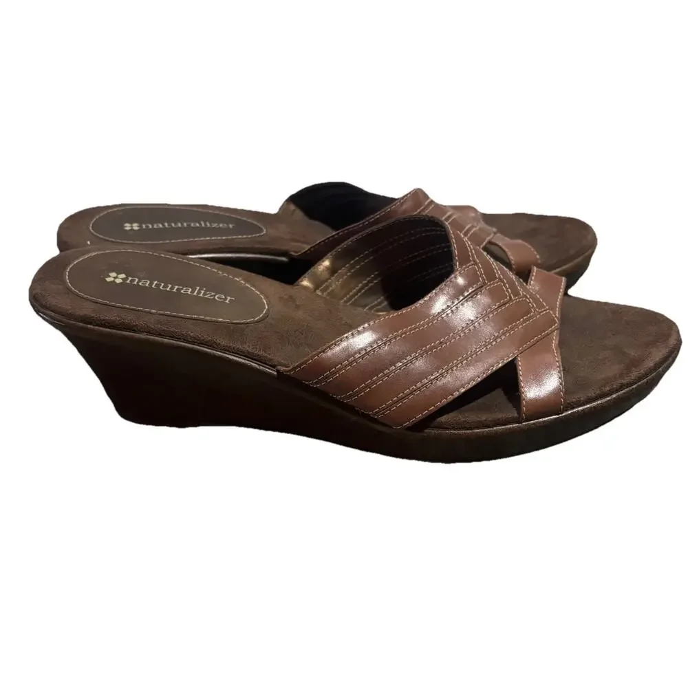 Naturalizer Women's Brown Wedge Heel‎ Slip On Dressy Sandal Vacation Casual Sz 8